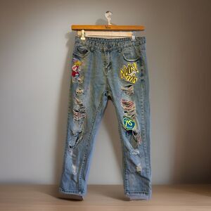 Men’s Distressed Patchwork Jeans Graphic Cartoon Denim Ripped Streetwear 100%